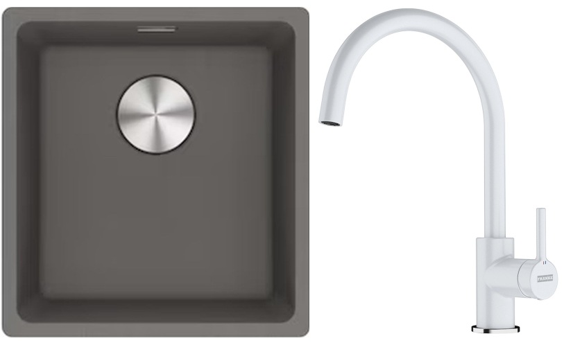 Franke Maris MRG 110-37 zlewozmywak 40x37 cm Fragranite kamienny szary z baterią kuchenną Lina biały polarny (1250687250, 1150626024)