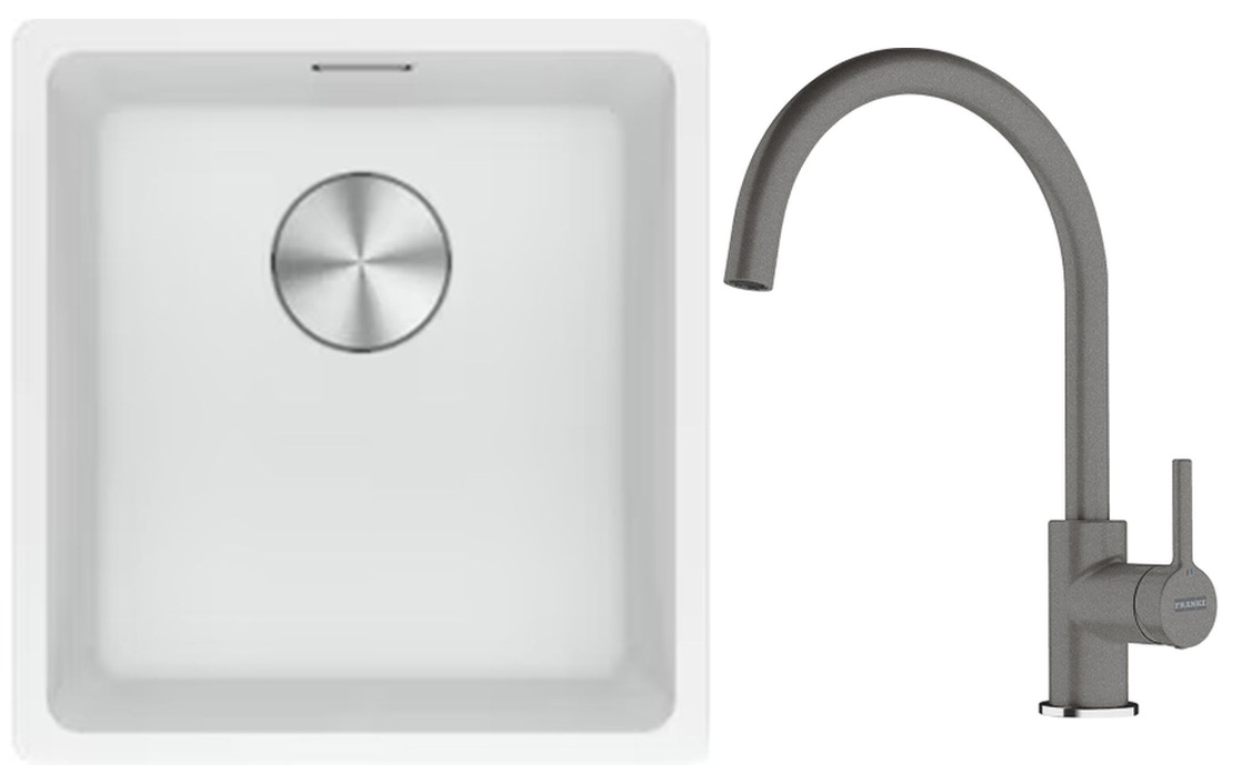 Franke Maris MRG 110-37 zlewozmywak 40x37 cm Fragranite biały polarny z baterią kuchenną Lina kamienny szary (1250687251, 1150626022)