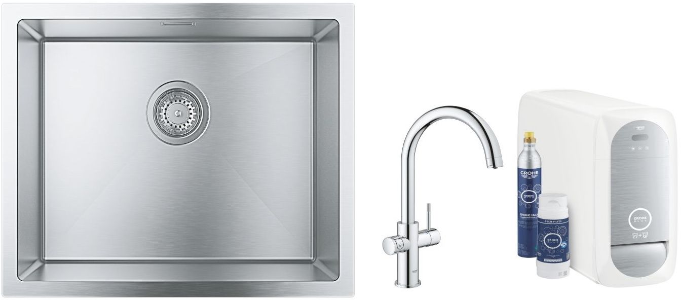 Zestaw Grohe K700 zlewozmywak 55x45 cm stal szlachetna z baterią kuchenną filtrującą Blue Home chrom (31726SD0, 31455001) - Wysyłka w 24h