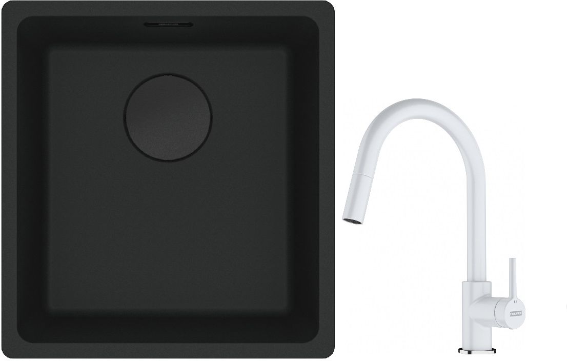 Franke Maris MRG 110-37 zlewozmywak 40x37 cm Fragranit + czarny mat z baterią kuchenną Lina biały polarny (1250697760, 1150626081)