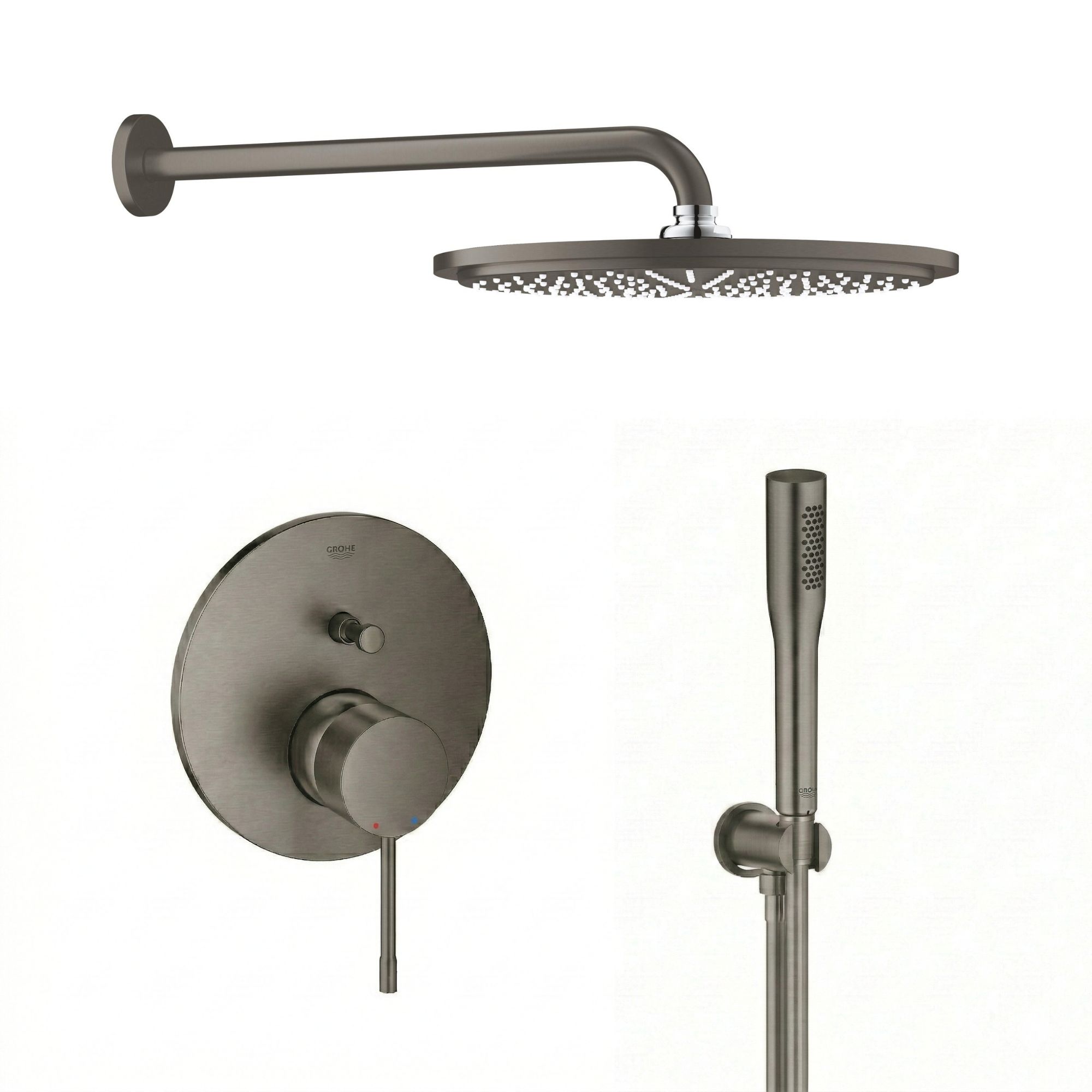 Grohe Essence zestaw prysznicowy podtynkowy z deszczownicą Hard Graphite (24058AL1, 26066AL0, 28362A01, 26658AL0, 27400AL0)