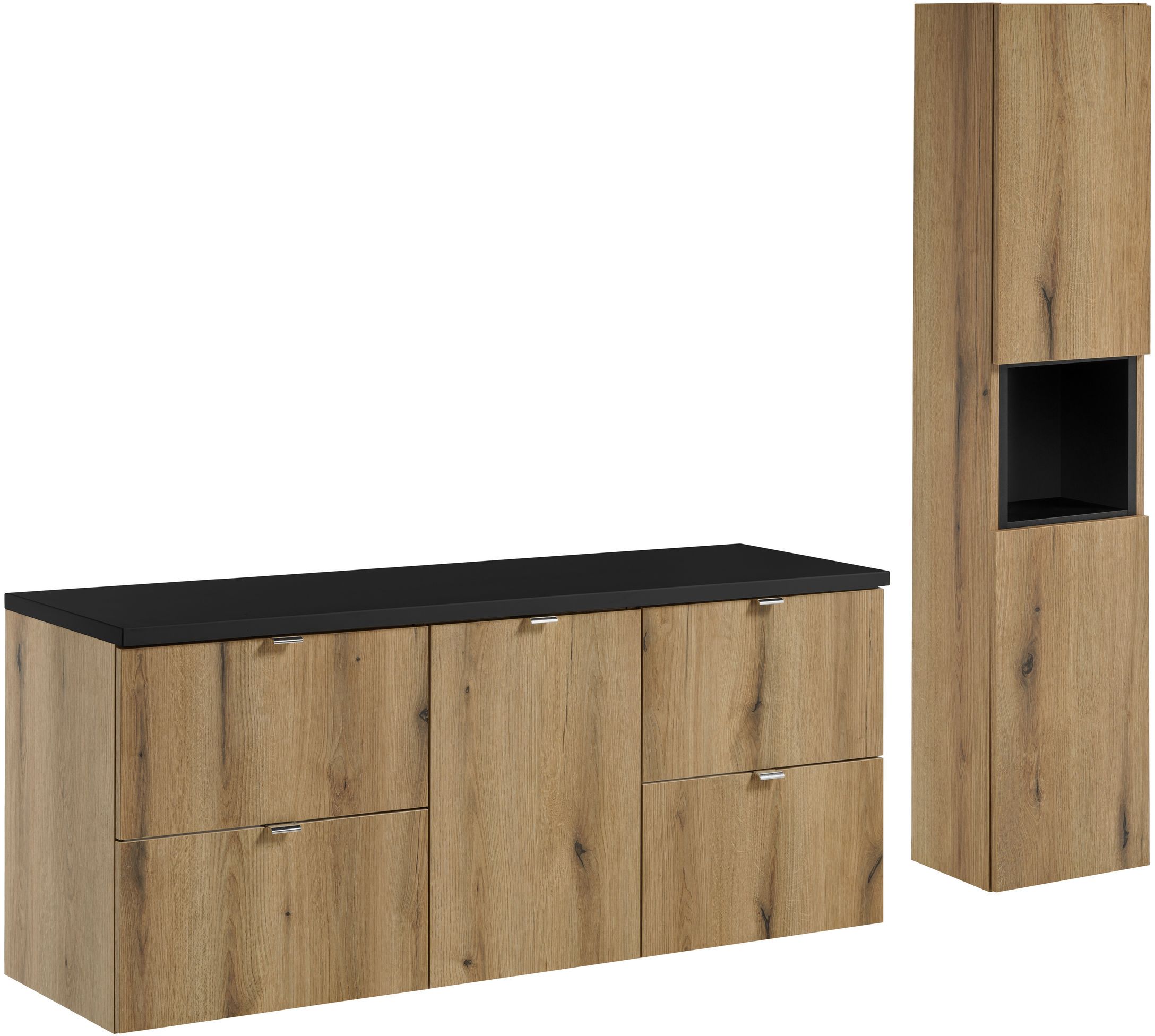 Zestaw Comad Nova Oak/Black szafki 50 cm, 50 cm i 40 cm z blatem meblowym 140 cm i szafką boczną wysoką z regałem dąb/czarny SET-NOA B ...