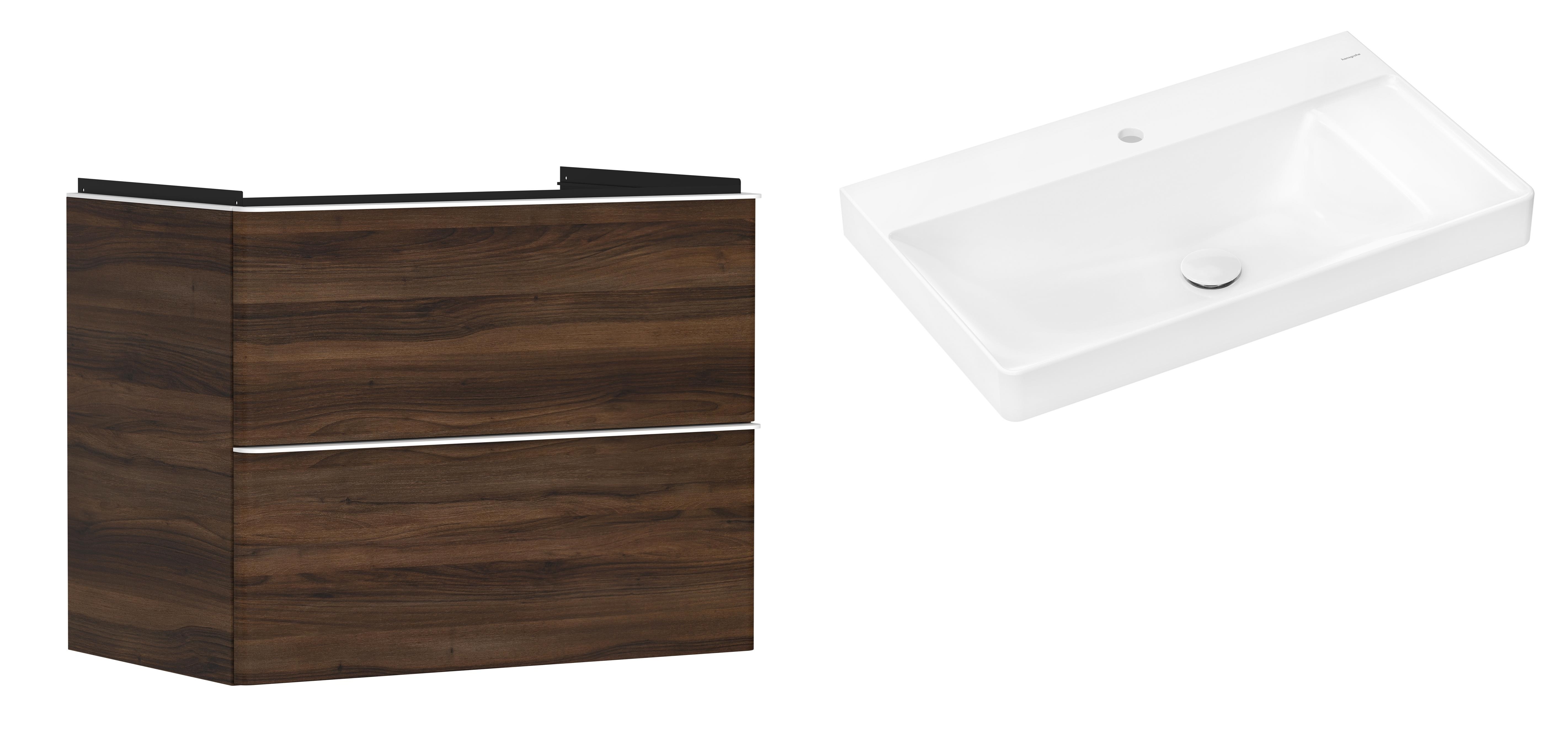 Hansgrohe Xelu Q szafka wisząca z umywalką 80x48 cm ciemny orzech/biały mat (54030700, 61024450)