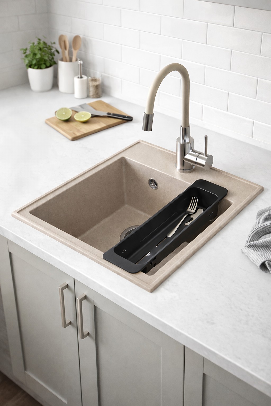 Ruvetti Natu Box zlewozmywak 50x40 cm z baterią i akcesoriami beżowy/stal LP_3200-NB4050BE_W - Wysyłka w 24h