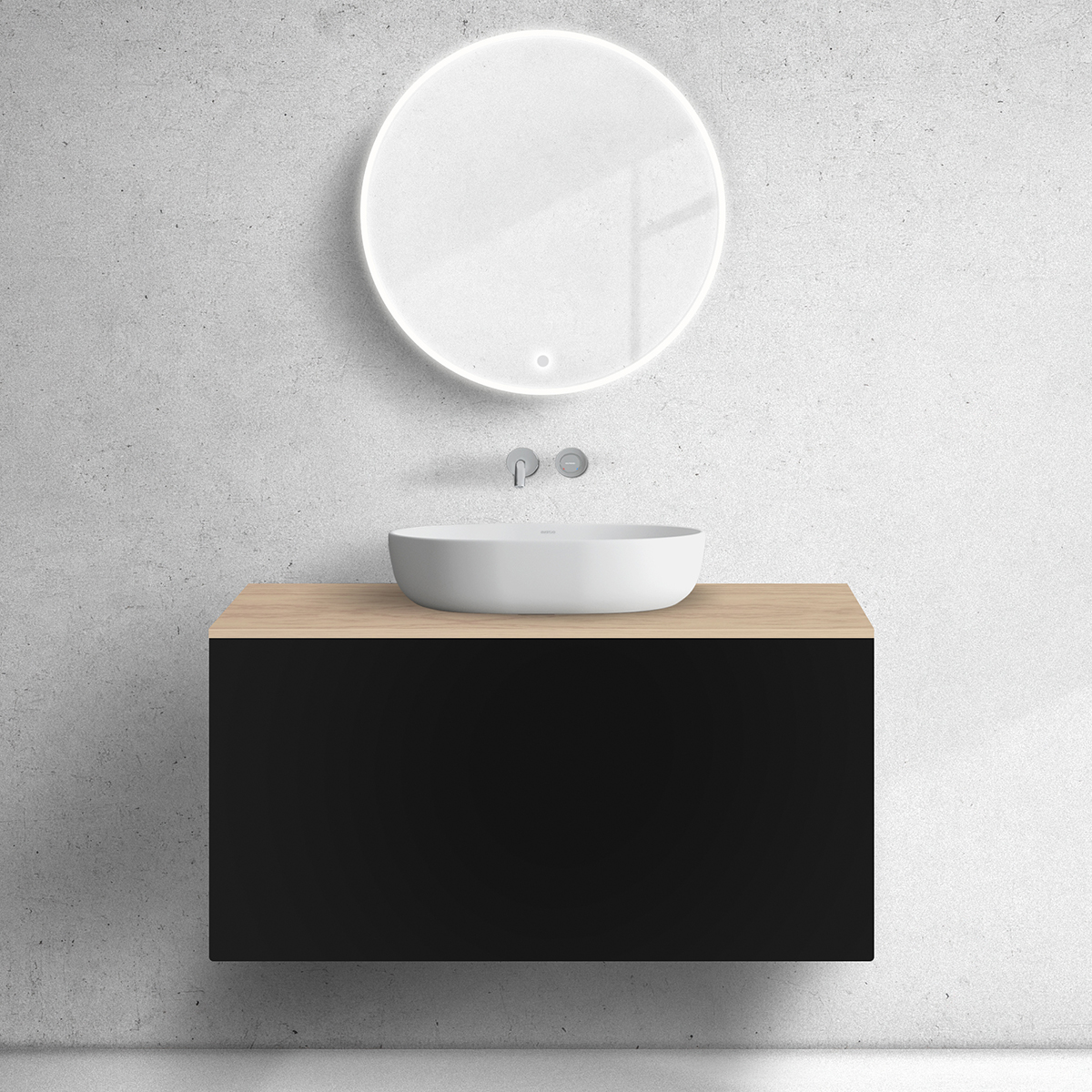 Zestaw Oltens Lun szafka podumywalkowa 100 cm z blatem czarny mat/dąb 68693300