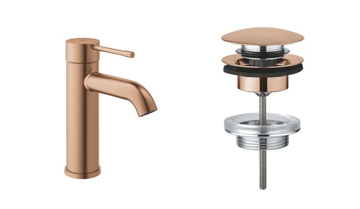 Zestaw Grohe Essence bateria umywalkowa stojąca z korkiem Brushed Warm Sunset (23590DL1, 65807DL0)