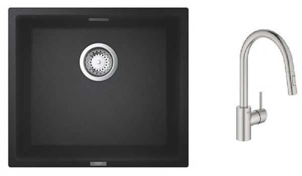 Zestaw Grohe K700 zlewozmywak granitowy czarny z baterią kuchenną Concetto stal (31653AP0, 31483DC2) - Wysyłka w 24h