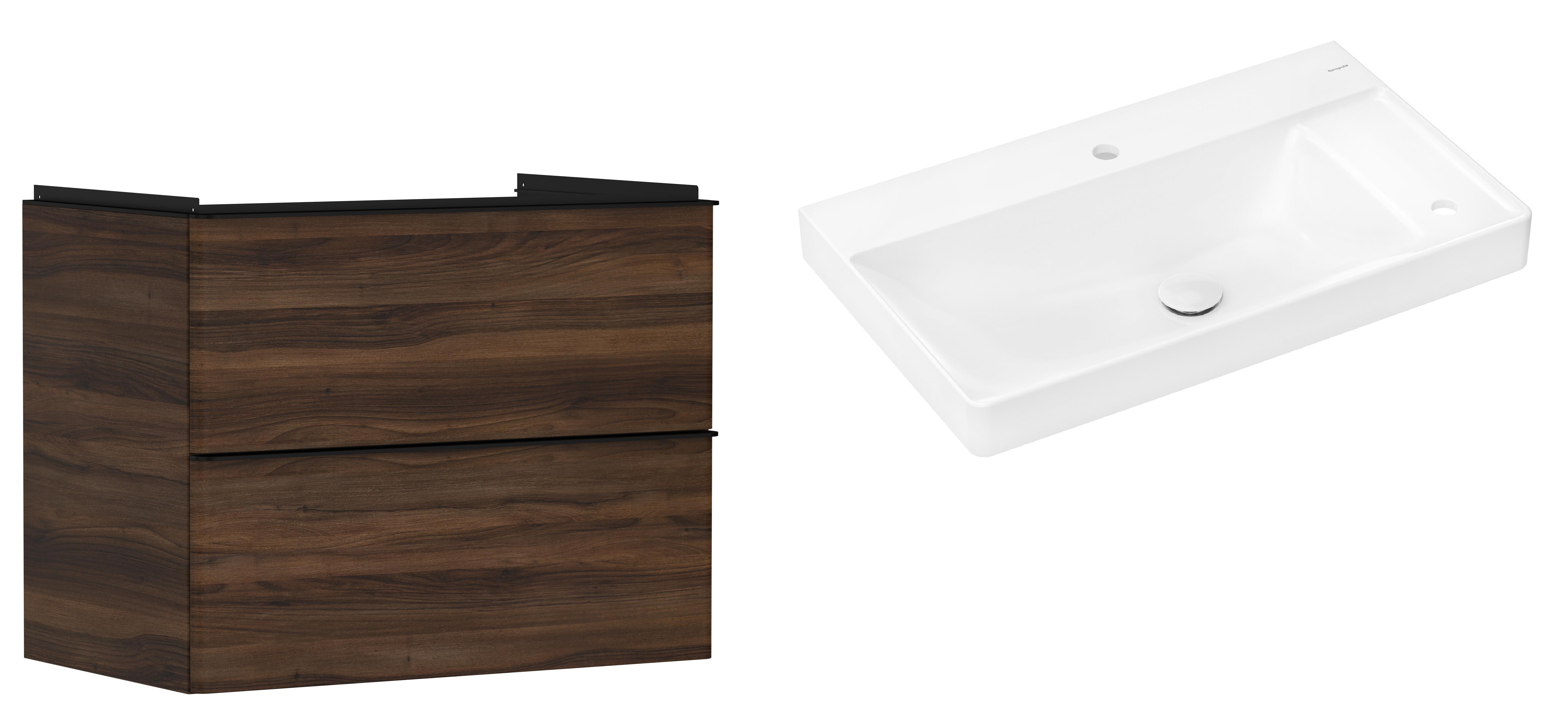 Hansgrohe Xelu Q szafka wisząca z umywalką 80x45 cm ciemny orzech/czarny mat/biały (54030670, 61025450)