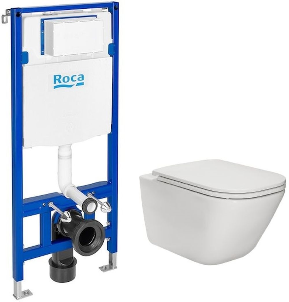 Zestaw Roca Gap Square miska WC wisząca Rimless z deską sedesową wolnoopadającą Slim białą i stelaż podtynkowy do WC Roca Duplo One ... - Wysyłka w 