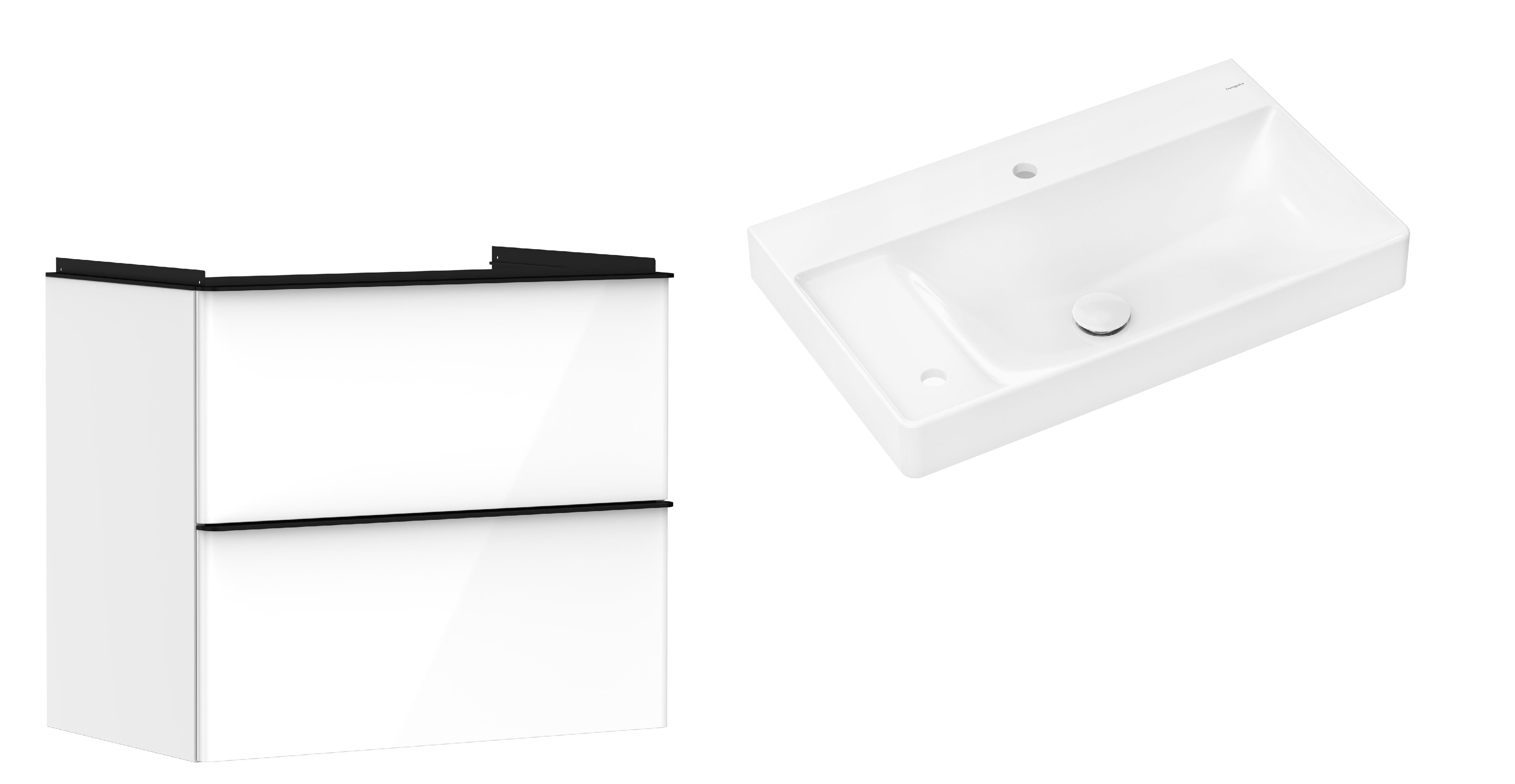 Hansgrohe Xelu Q szafka wisząca z umywalką 80x48 cm biały wysoki połysk/czarny mat//biały (54027670, 61031450)