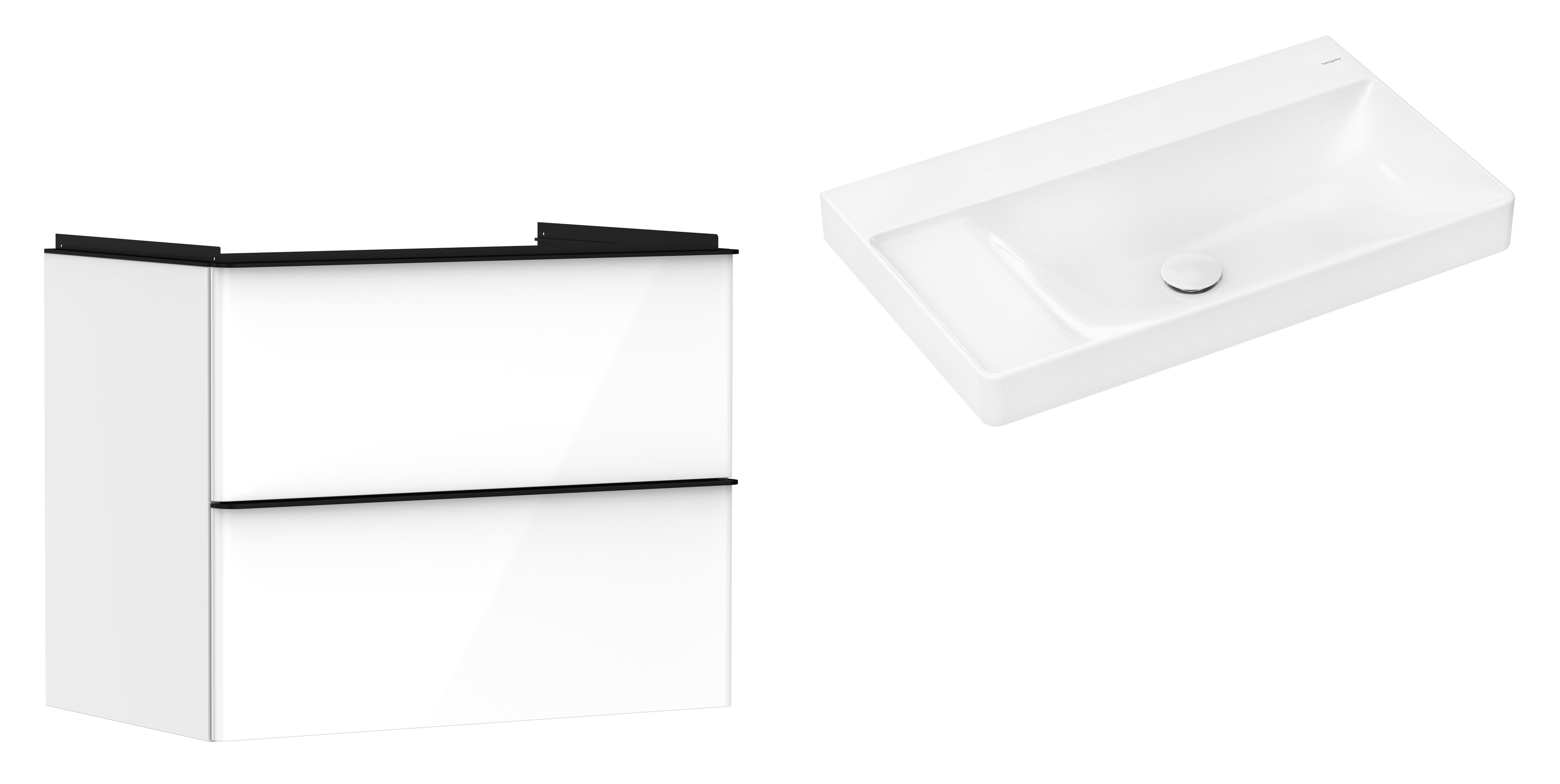 Hansgrohe Xelu Q szafka wisząca z umywalką 80x48 cm wysoki połysk//czarny mat/biały (54027670, 61032450)