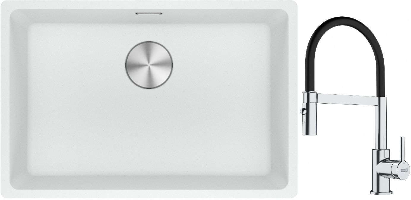Franke Maris MRG 110-62 zlewozmywak 62x40 cm Fragranite biały polarny z baterią kuchenną Lina chrom/czarny (1250687259, 1150626085)