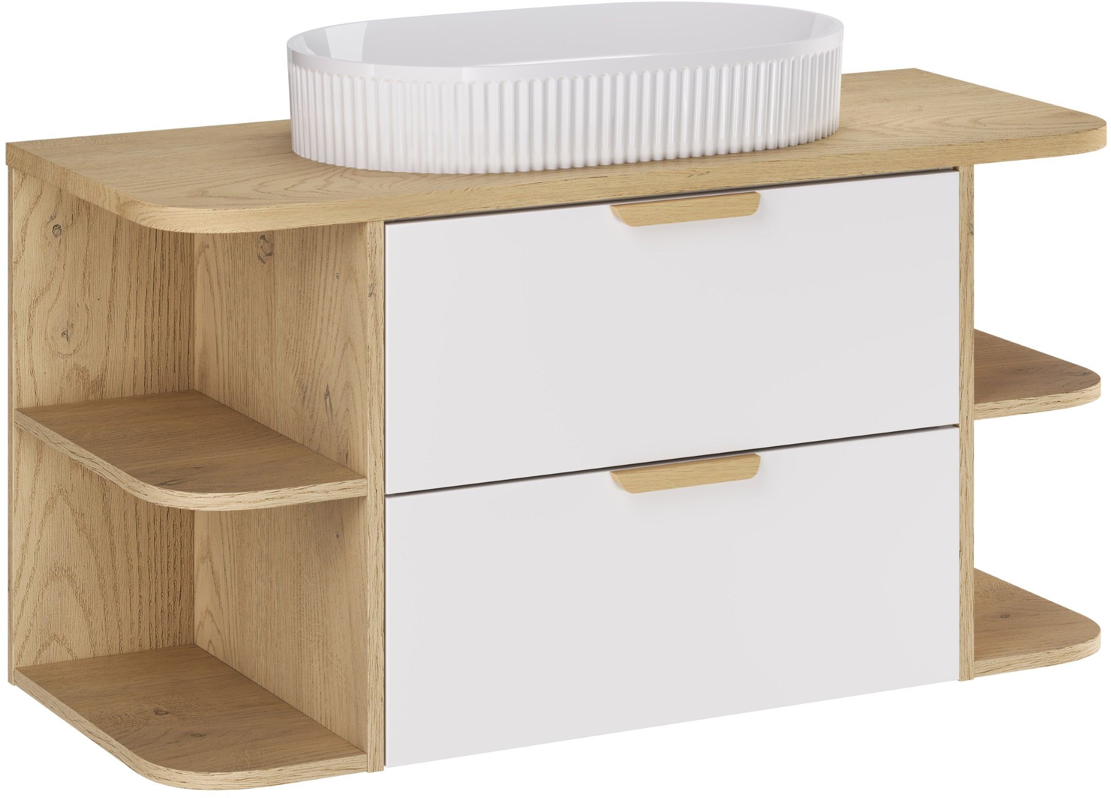 Zestaw Comad Aster White szafka 60 cm podumywalkowa wisząca z blatem 100 cm, dwoma regałami 20 cm otwartymi i umywalką biały/dąb ...