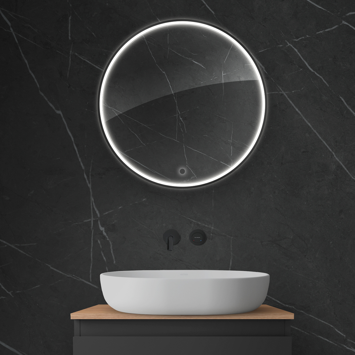 Oltens Nordlis lustro 60x60 cm okrągłe z oświetleniem z przodu z matą grzewczą czarny 64100300 - Wysyłka w 24h