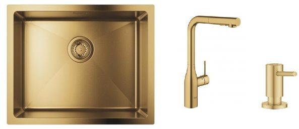 Zestaw Grohe K700 zlewozmywak stalowy Brushed Cool Sunrise z baterią kuchenną Essence i dozownikiem płynów Cosmopolitan (31574GN1, ... - Wysyłka w 24h