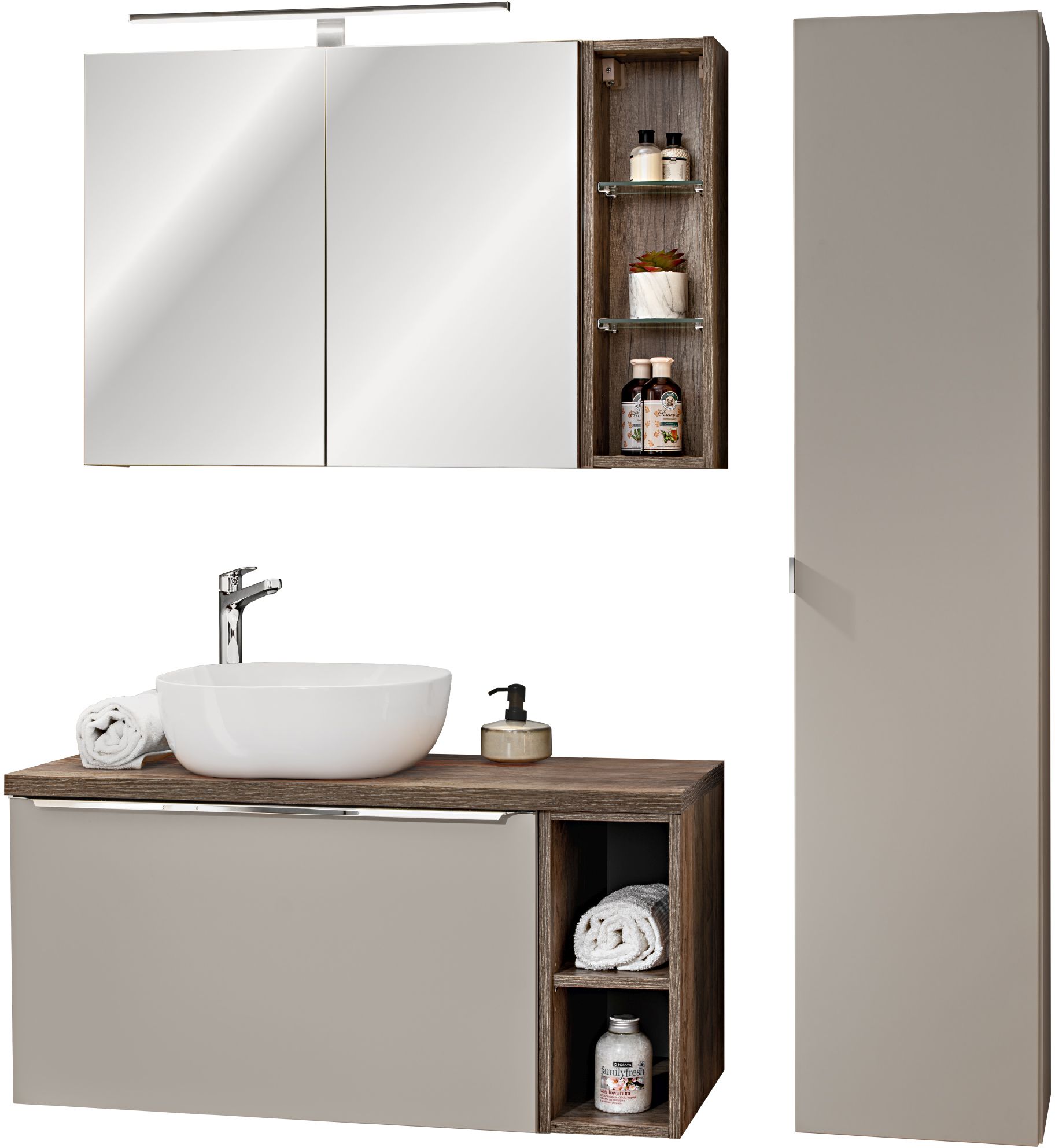 Zestaw Comad Santa Fe Taupe szafki 80 cm i 20 cm wiszące z blatem meblowym 100 cm szary z umywalką Smile 41x41 cm białą, z szafkami ...