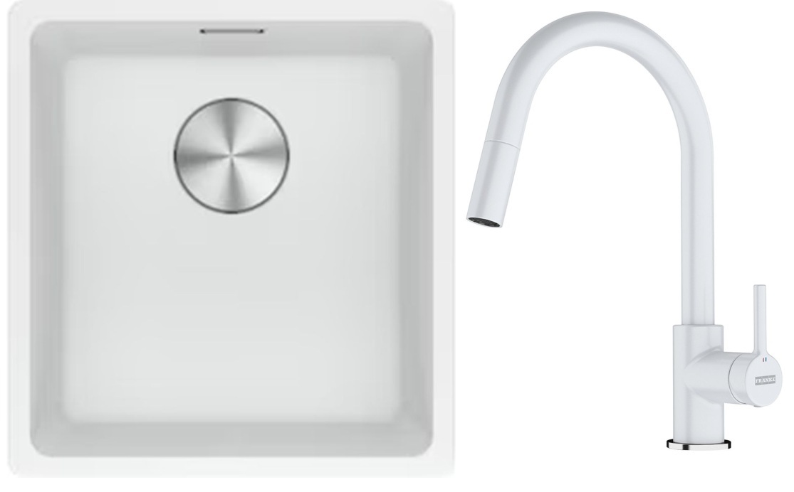 Franke Maris MRG 110-37 zlewozmywak 40x37 cm Fragranite biały polarny z baterią kuchenną Lina biały polarny (1250687251, 1150626081)