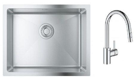 Zestaw Grohe K700 zlewozmywak stalowy 55x45 cm satyna z baterią kuchenną Eurosmart Cosmopolitan chrom (31726SD0, 31481001) - Wysyłka w 24h