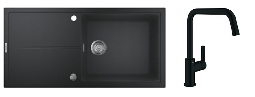 Zestaw Grohe K400 zlewozmywak granitowy 100x50 cm czarny z baterią kuchenną Start czarną (31641AP0, 304702430) - Wysyłka w 24h