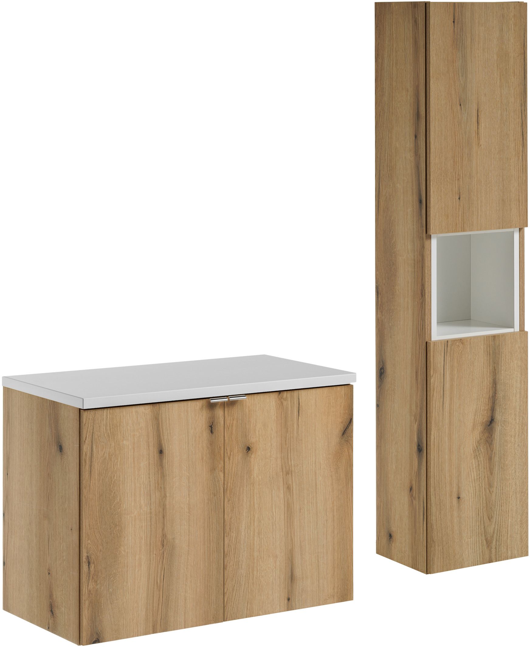 Zestaw Comad Nova Oak/White szafka z blatem 80 cm wisząca i szafka boczna wysoka z wkładem regału dąb/biały SET-NOA B WHITE 80CM D HC