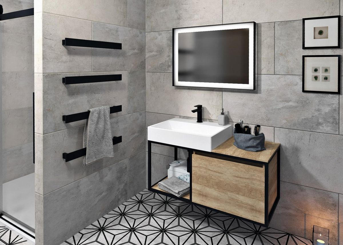 Sapho Skara szafka 100 cm podumywalkowa wisząca czarny mat/dąb Alabama CG004-2222