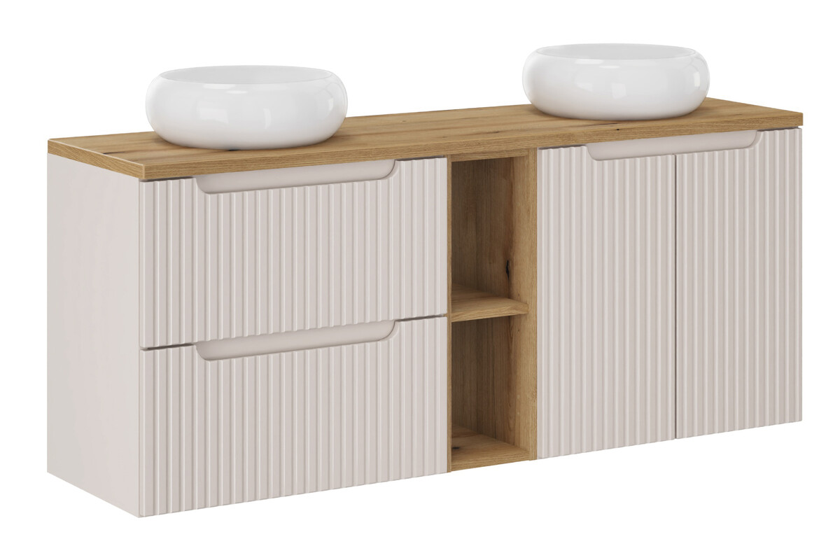 Zestaw Comad Nova Cashmere szafki 60 cm, 60 cm i 20 cm z blatem meblowym 140 cm kaszmir/dąb i dwie umywalki Wiki 36x36 cm białe SET-NOC B ...