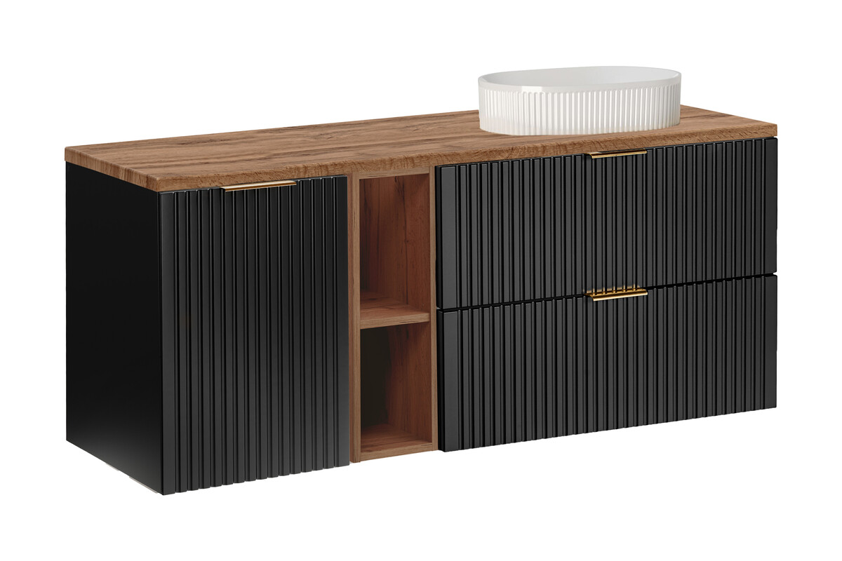 Zestaw Comad Adel Black szafki 60 cm, 40 cm i 20 cm wiszące czarny mat z blatem meblowym 140 cm dąb i umywalka nablatowa Beyond 56x36 cm ...