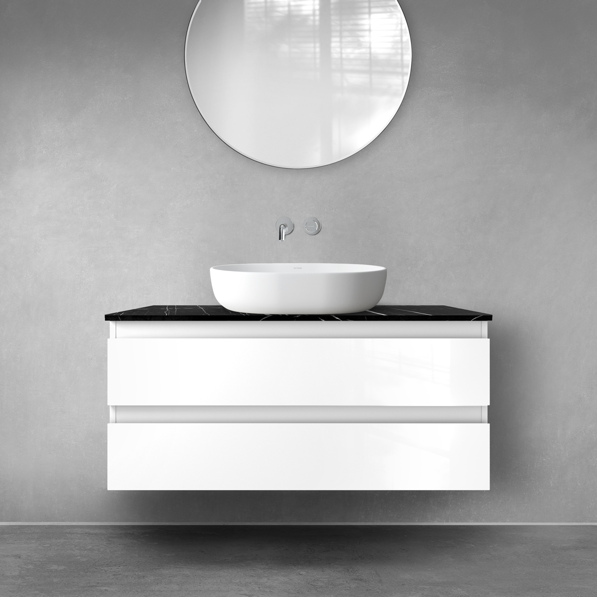 Zestaw Oltens Vernal szafka 100 cm podumywalkowa wisząca z blatem Tera biały połysk/czarny marmur 68727000 - Wysyłka w 24h