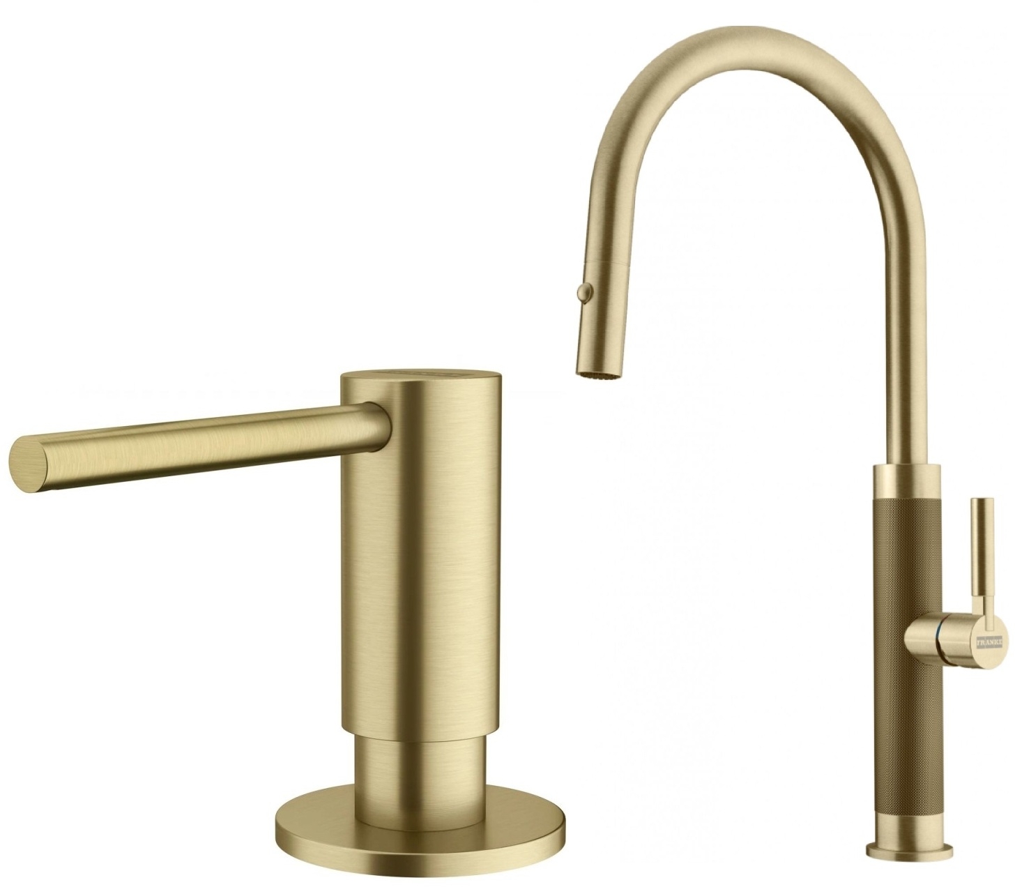 Zestaw Franke Mythos Masterpiece Pull-Out Spray bateria kuchenna stojąca z dozownikiem do płynów 350 ml złoto (1150711558, 1120717105)