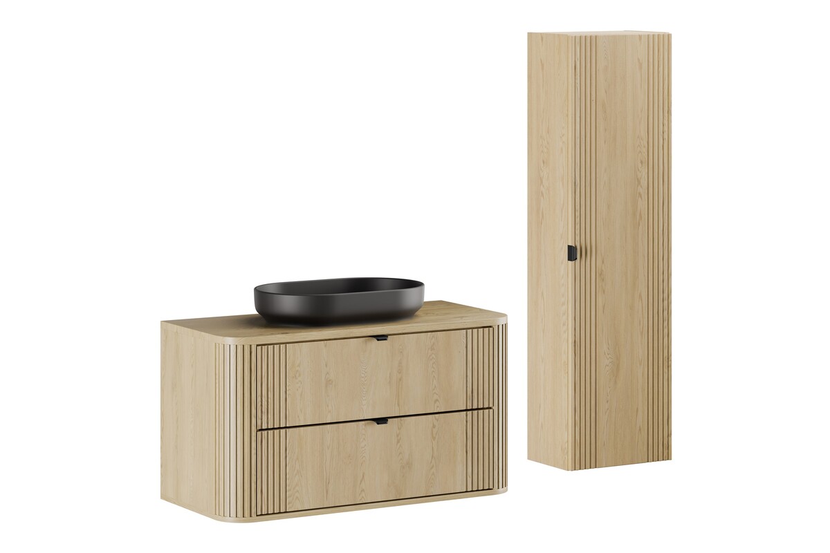 Zestaw Comad Ovalia Cremona szafka z blatem 100 cm wisząca dąb i umywalką nablatową River 55x35 cm czarny mat, z szafką boczną ...