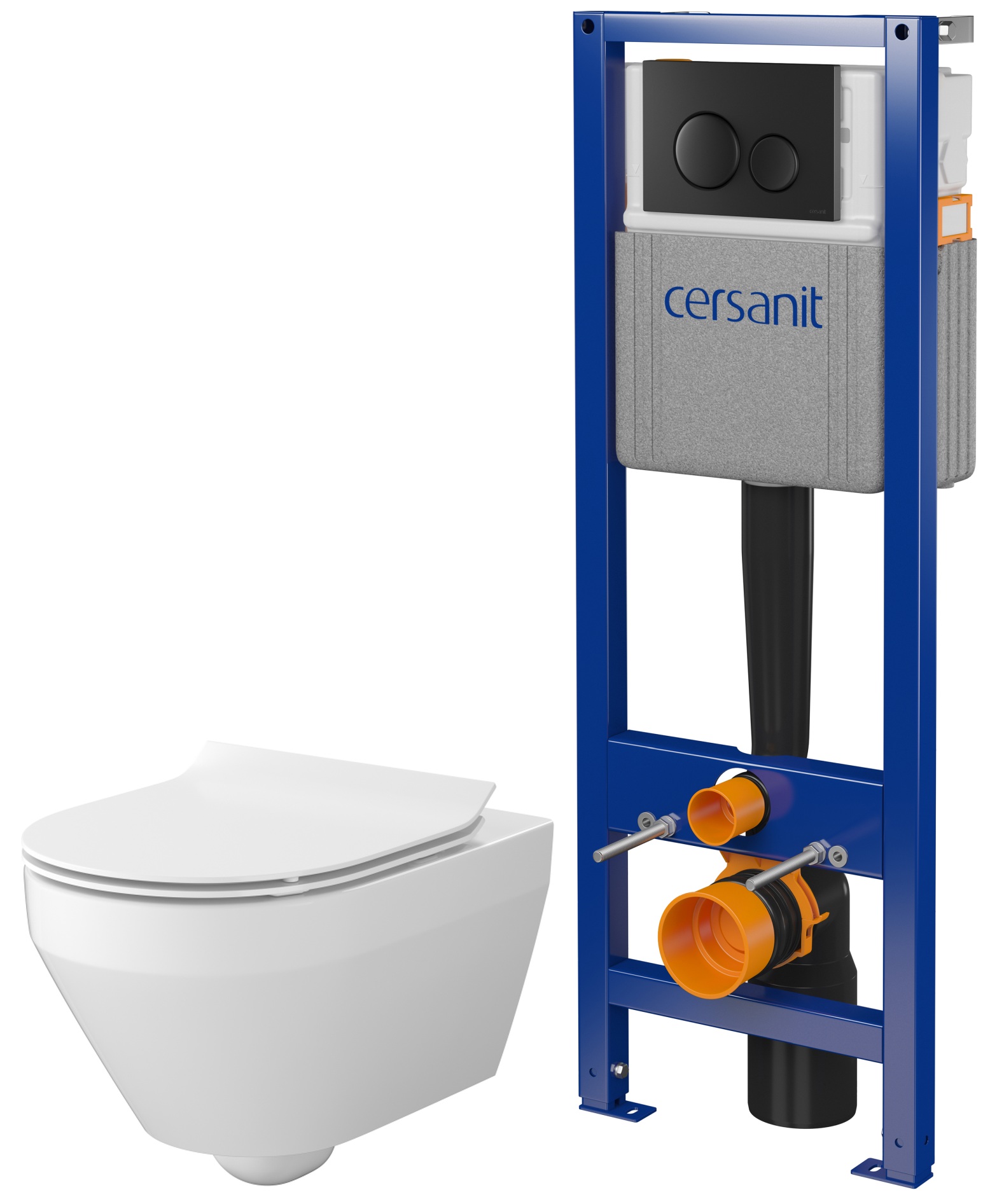 Zestaw Cersanit Crea stelaż z przyciskiem i miska WC bez kołnierza z deską wolnoopadającą czarny mat/biały połysk (S701779, S701927) - Wysyłka w 24h