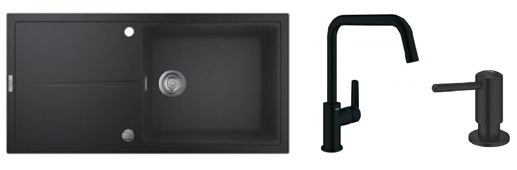 Zestaw Grohe K400 zlewozmywak granitowy 100x50 cm czarny z baterią kuchenną Start czarną i dozownikiem płynów Contemporary 500 ml ... - Wysyłka w 24h