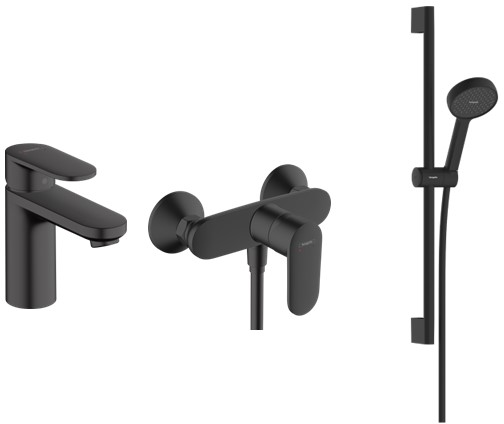 Zestaw Hansgrohe Vernis Blend bateria umywalkowa i prysznicowa z kompletem natryskowym czarny mat (71580670, 71640670, 28044670)