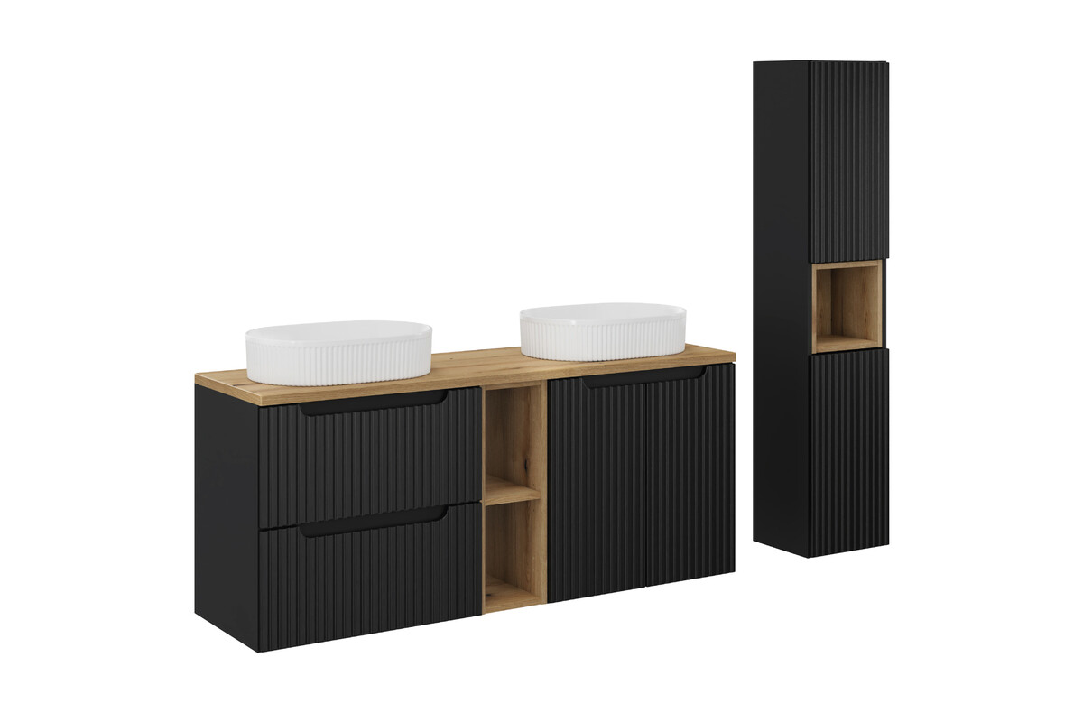 Zestaw Comad Nova Black/Oak szafki 60 cm, 60 cm i 20 cm z blatem meblowym 140 cm z umywalkami Beyond 48x32,5 cm białymi i szafka boczna ...