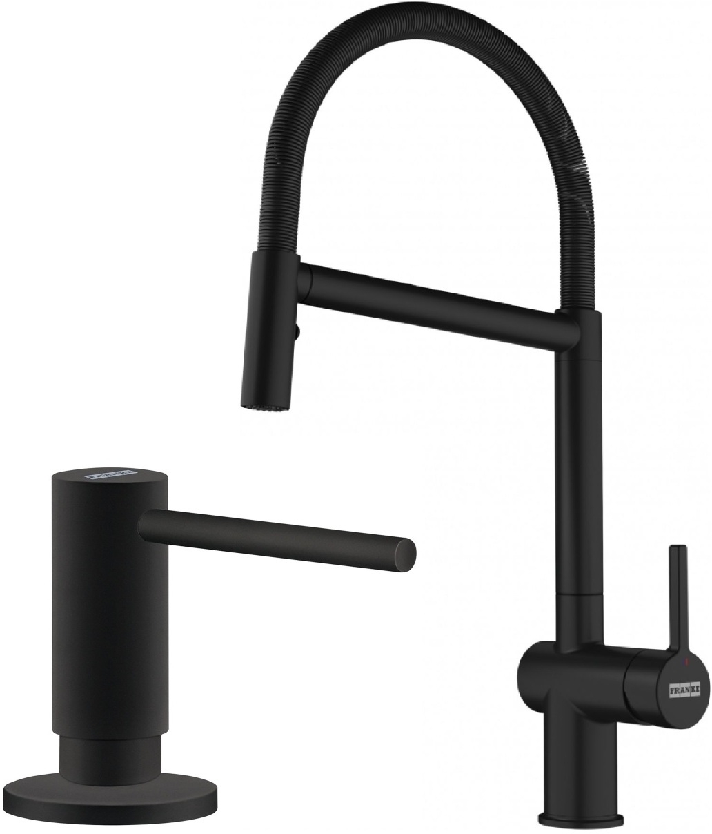 Zestaw Franke Active Semi Pro Spray bateria kuchenna stojąca z dozownikiem do płynów 300 ml czarny mat (1150653409, 1190547906)