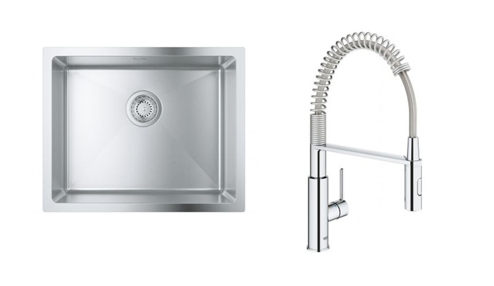 Zestaw zlewozmywak Grohe K700 zlewozmywak stalowy 55x45 cm satyna i bateria kuchenna Get chrom (31574SD1, 30361000) - Wysyłka w 24h