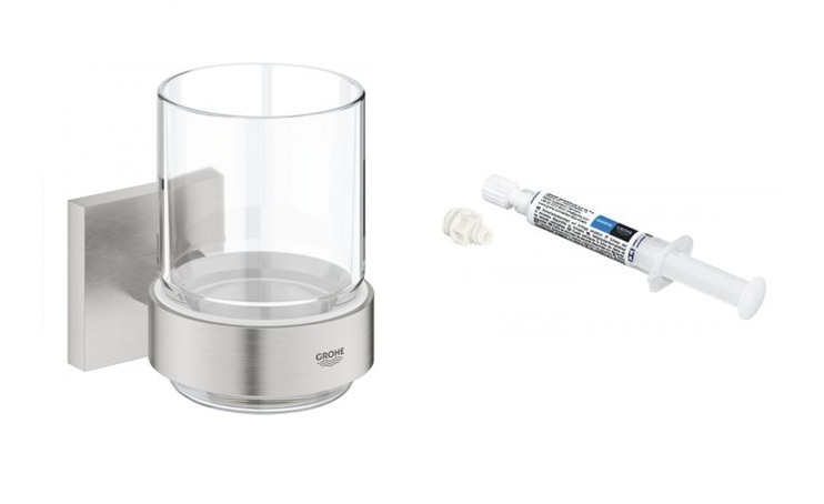 Zestaw Grohe Start Cube kubek do mycia zębów stal nierdzewna i klej montażowy QuickGlue (41097DC0, 41127000)