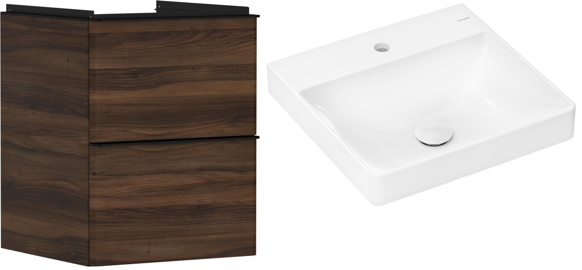 Hansgrohe Xelu Q szafka wisząca z umywalką 50x48 cm ciemny orzech/czarny mat/biały (54022670, 61012450)