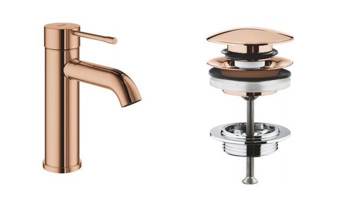 Zestaw Grohe Essence bateria umywalkowa stojąca z korkiem Warm Sunset (23590DA1, 65807DA0)