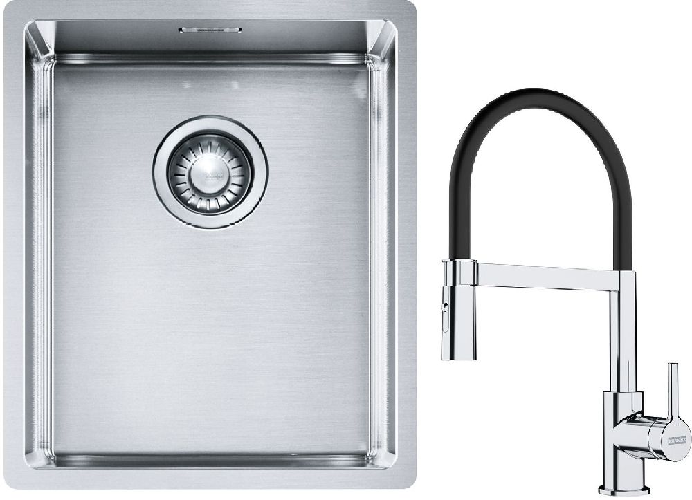 Franke Box BXX 210/110-34 zlewozmywak 38x45 cm stalowy z baterią kuchenną Lina chrom/czarny (1270453653, 1150626085)