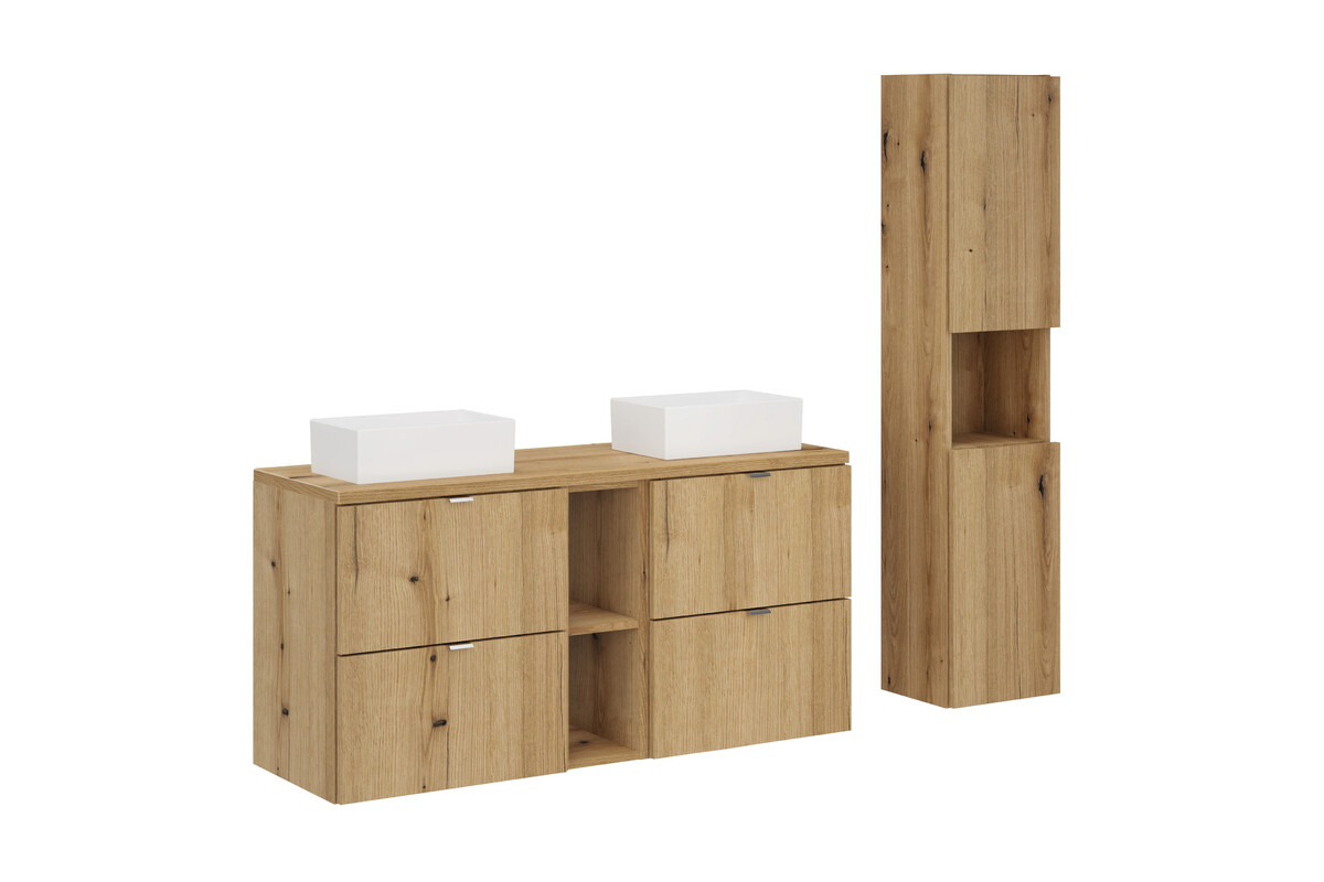 Zestaw Comad Nova Oak szafki 50 cm, 50 cm i 20 cm z blatem meblowym 120 cm, dwie umywalki Gaja 35x22 cm białe i szafka boczna wisząca ...