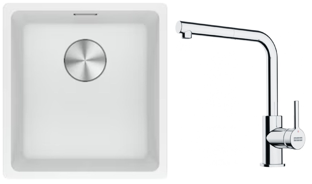 Franke Maris MRG 110-37 zlewozmywak 40x37 cm Fragranite biały polarny z baterią kuchenną Lina chrom (1250687251, 1150712420)