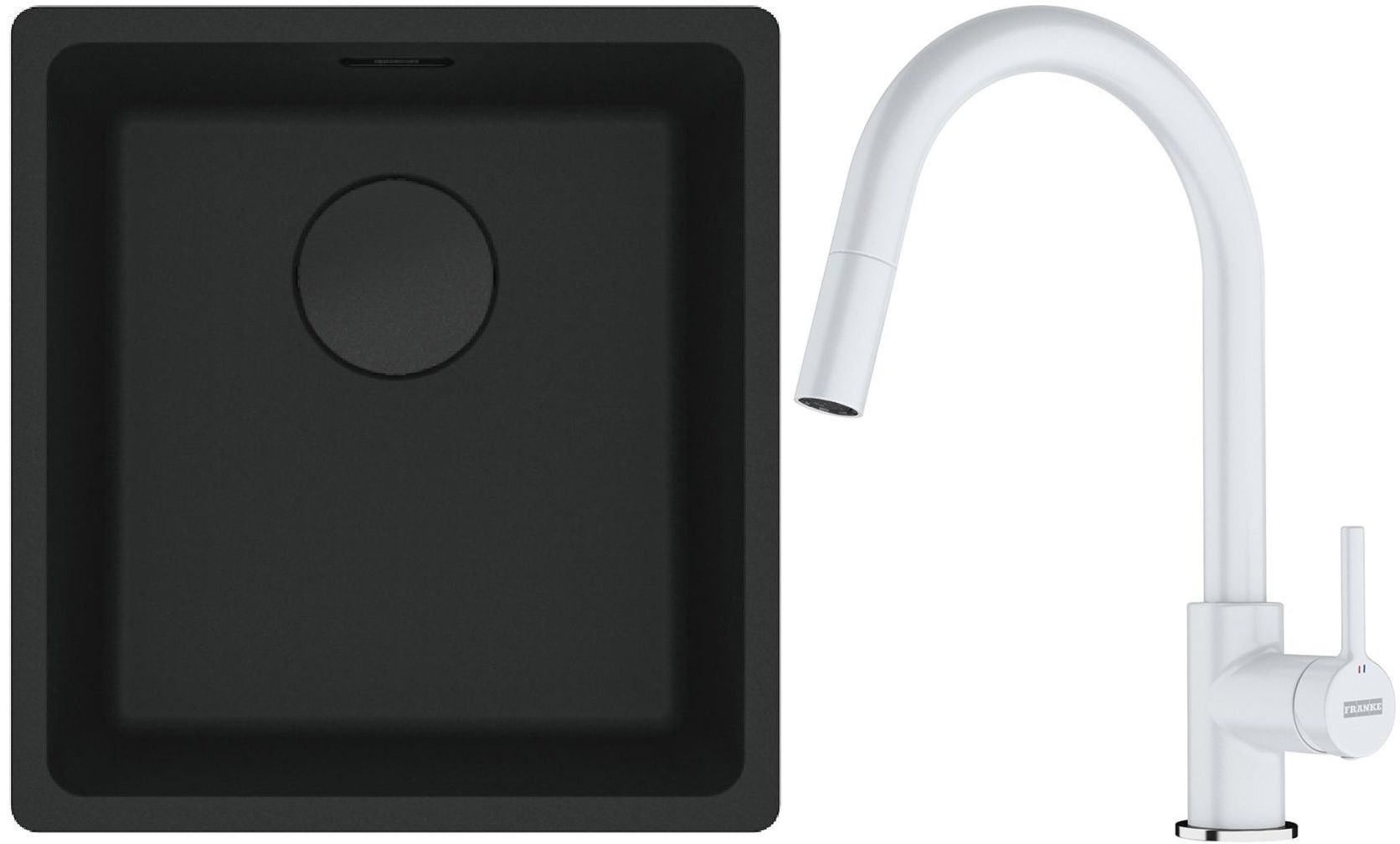 Franke Maris MRG 110-37 zlewozmywak 40x37 cm Fragranit + czarny mat z baterią kuchenną Lina biały polarny (1250697760, 1150626081)