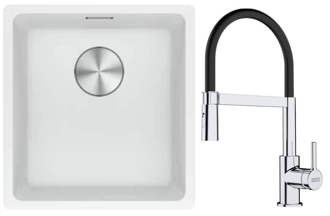 Franke Maris MRG 110-37 zlewozmywak 40x37 cm Fragranite biały polarny z baterią kuchenną Lina chrom/czarny (1250687251, 1150626085)