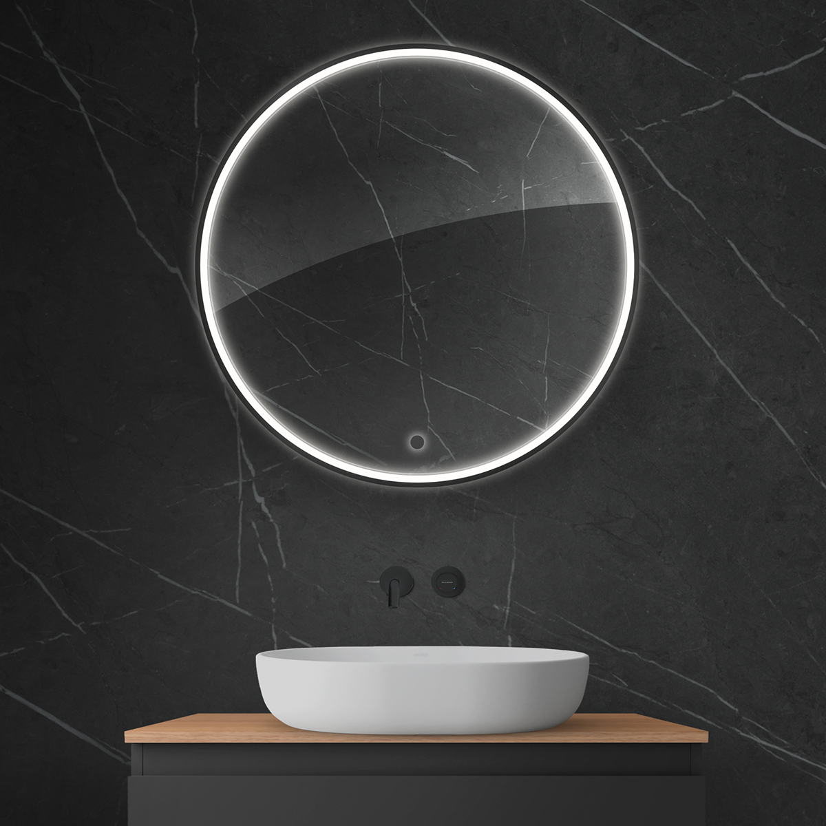 Oltens Nordlis lustro 80x80 cm okrągłe z oświetleniem z przodu z matą grzewczą czarny 64101300 - Wysyłka w 24h