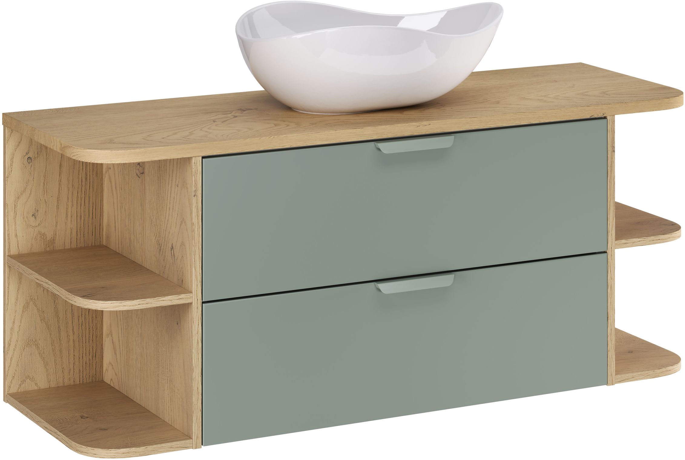 Zestaw Comad Aster Green szafka 80 cm podumywalkowa wisząca z blatem 120 cm, dwoma regałami 20 cm otwartymi i umywalką zielony/dąb ...