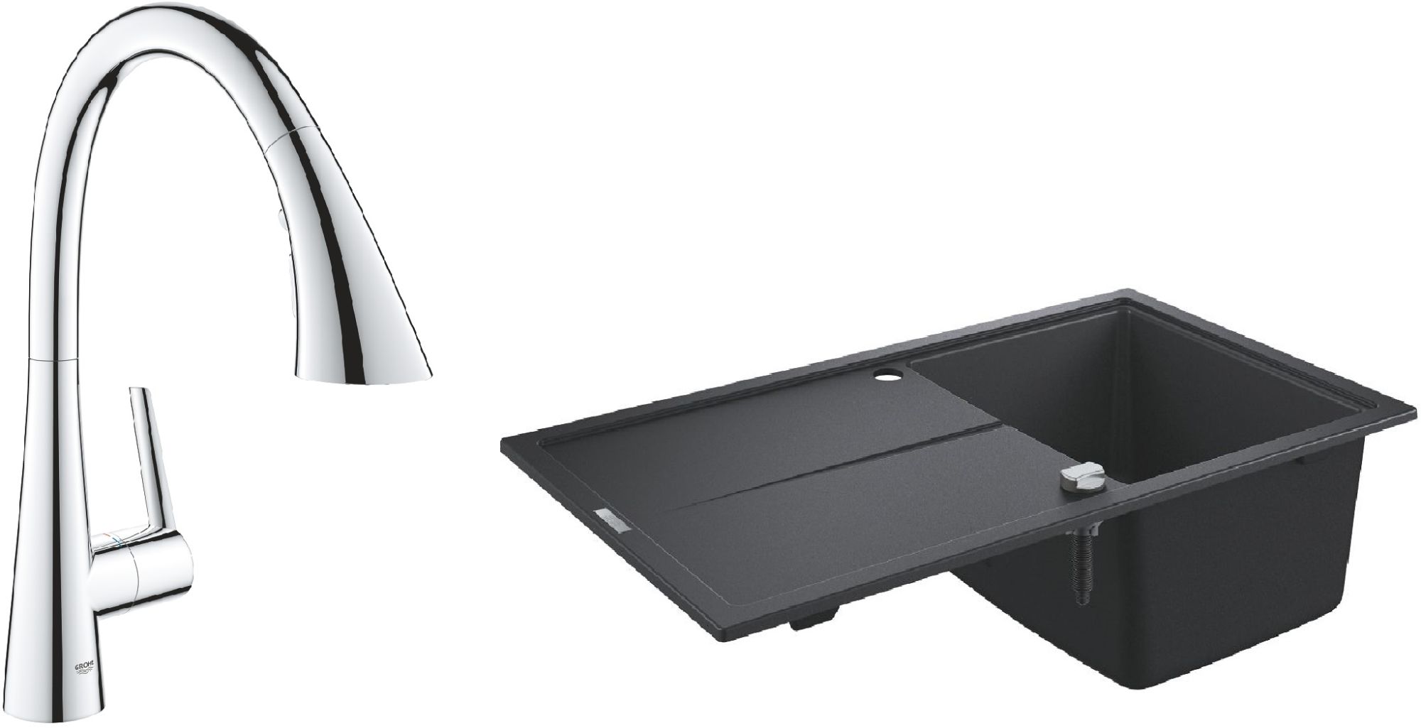Zestaw Grohe K400 zlewozmywak 86x50 cm czarny granit z baterią kuchenną Zedra chrom (31640AP0, 32294002)