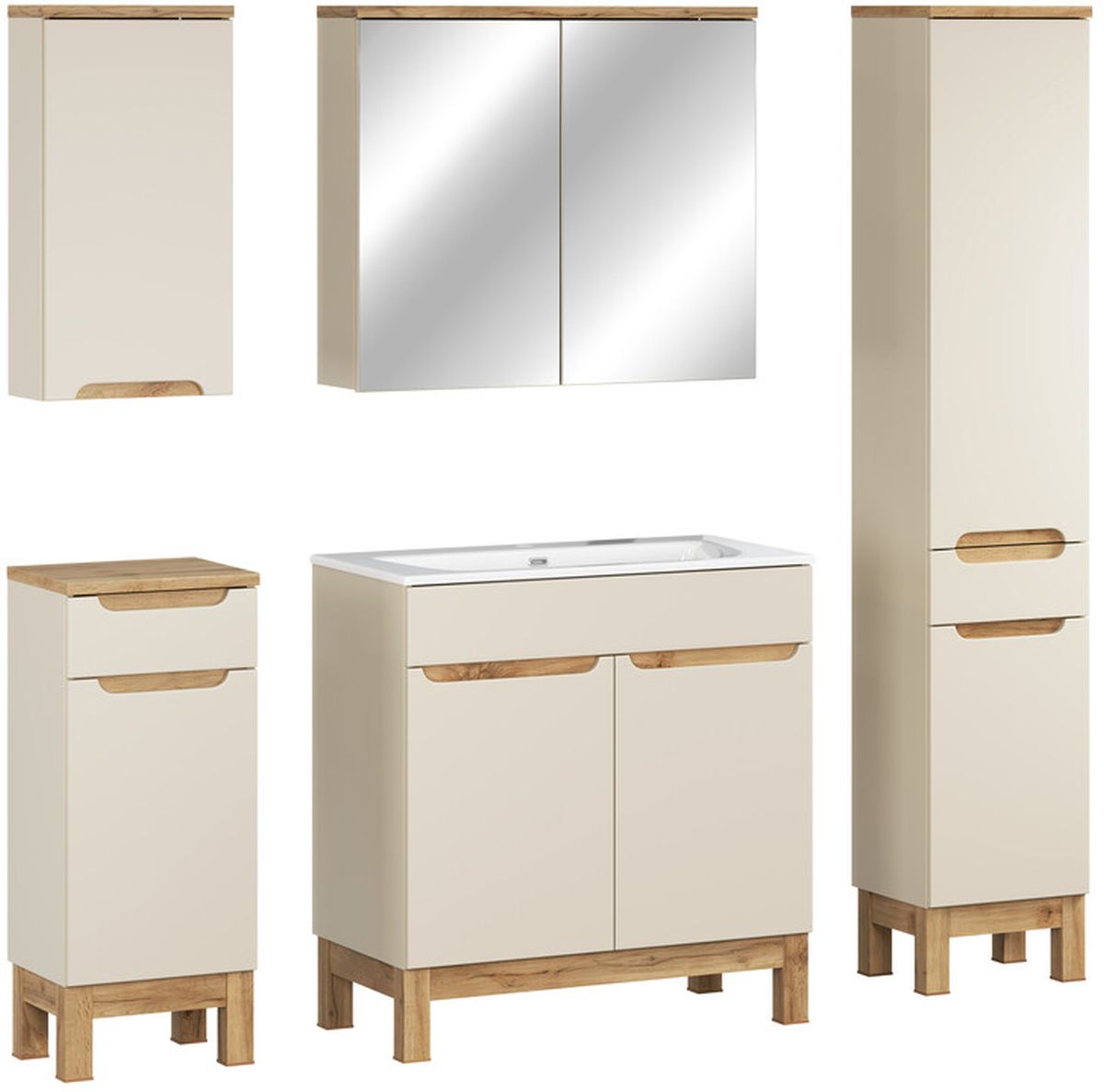 Comad Bali Cashmere zestaw meblowy 80 cm szafka stojąca z umywalką Sky i szafki boczne stojące/wiszące/lustrzana kaszmir/biały SET-BAC ...