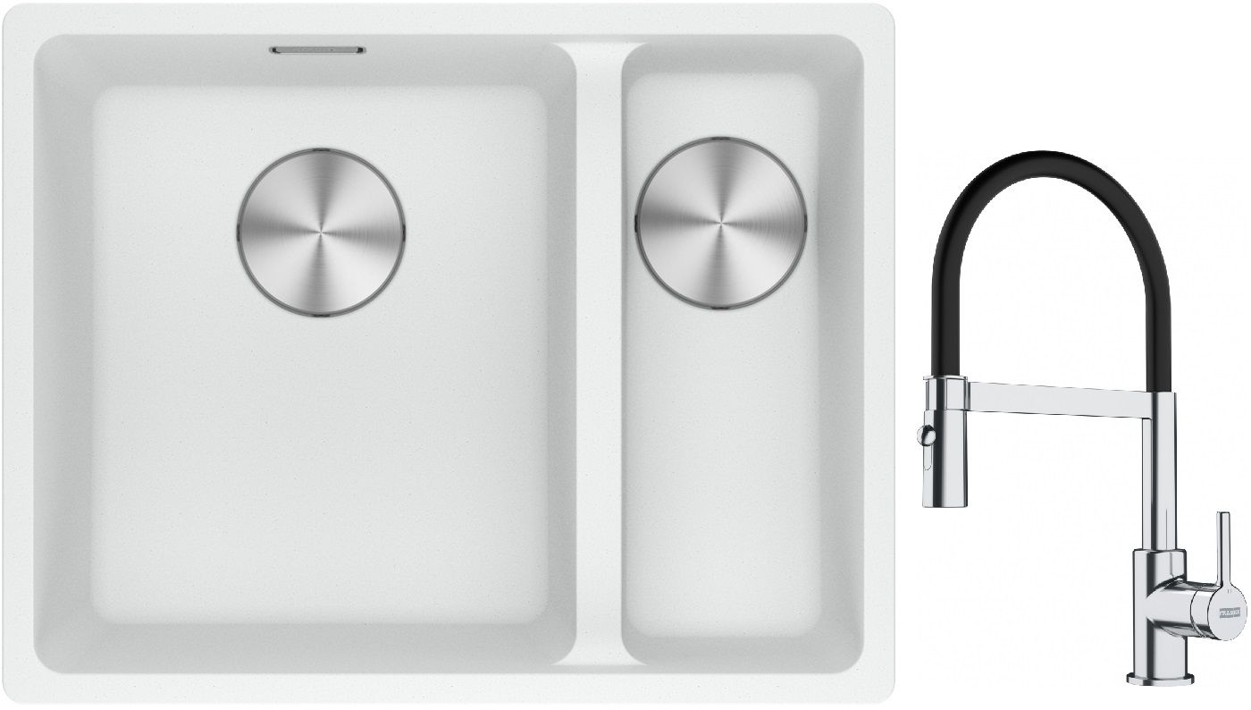 Franke Maris MRG 160-34-15SBR zlewozmywak 52x40 cm Fragranite biały polarny z baterią kuchenną Lina chrom/czarny (1250687267, 1150626085)