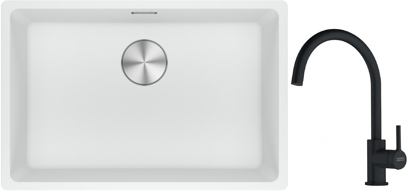 Franke Maris MRG 110-62 zlewozmywak 62x40 cm Fragranite biały polarny z baterią kuchenną Lina czarny mat (1250687259, 1150626019)